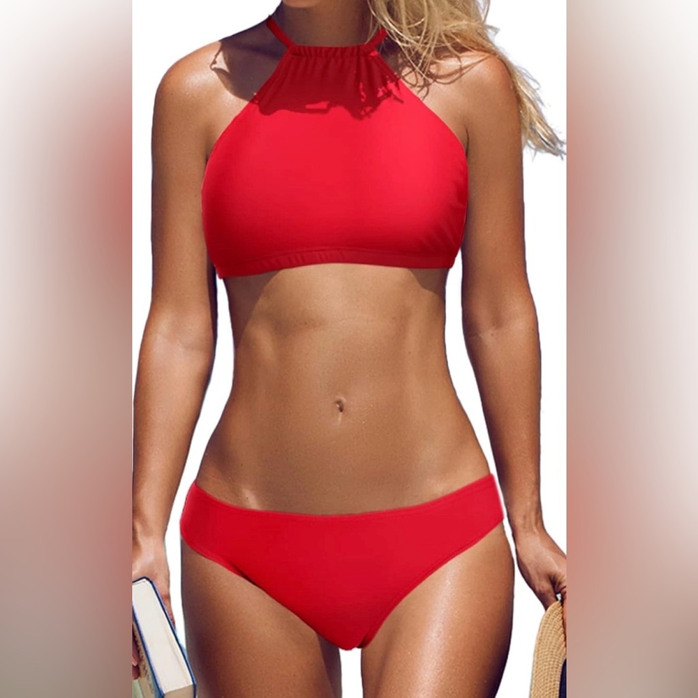 NWT Beautyin Sexy Red High Neck Cross Back Padded Bikini Set Women’s L